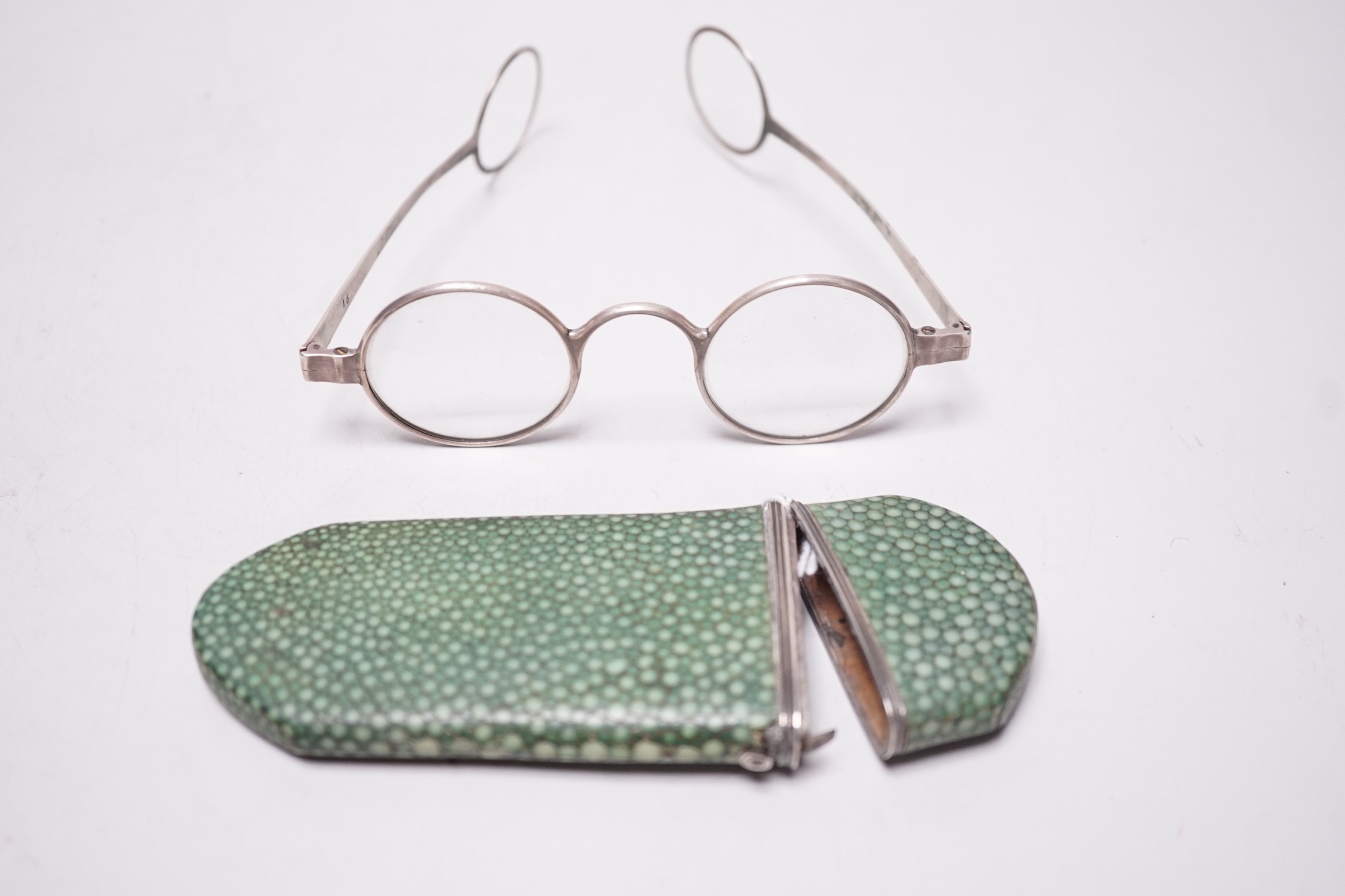 A 19th century shagreen spectacle case and spectacles